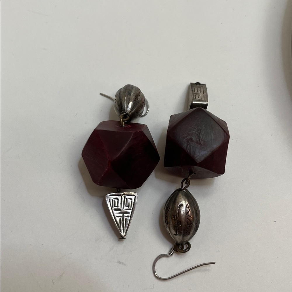 Vintage Silver and Deep Red Wood Earrings - Picture 3 of 10
